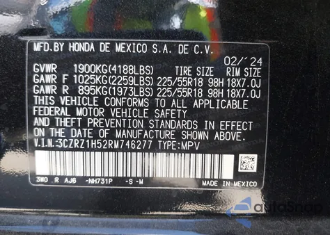 2024 Honda Hr-V from USA, damaged, VIN 3CZRZ1H52RM746277